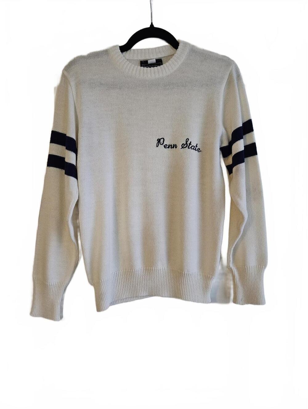 Vintage Collegiate Penn State Cream Sweater with Navy Stripes Size Small